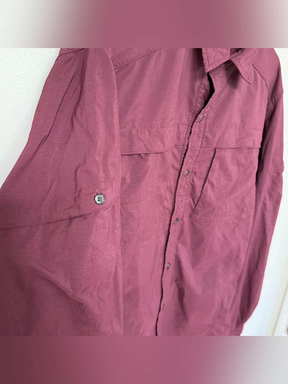 REI Co-op Sahara Men  L Long Sleeve Hiking Fishing Shirt Burgundy Nylon Stretch - Picture 4 of 16